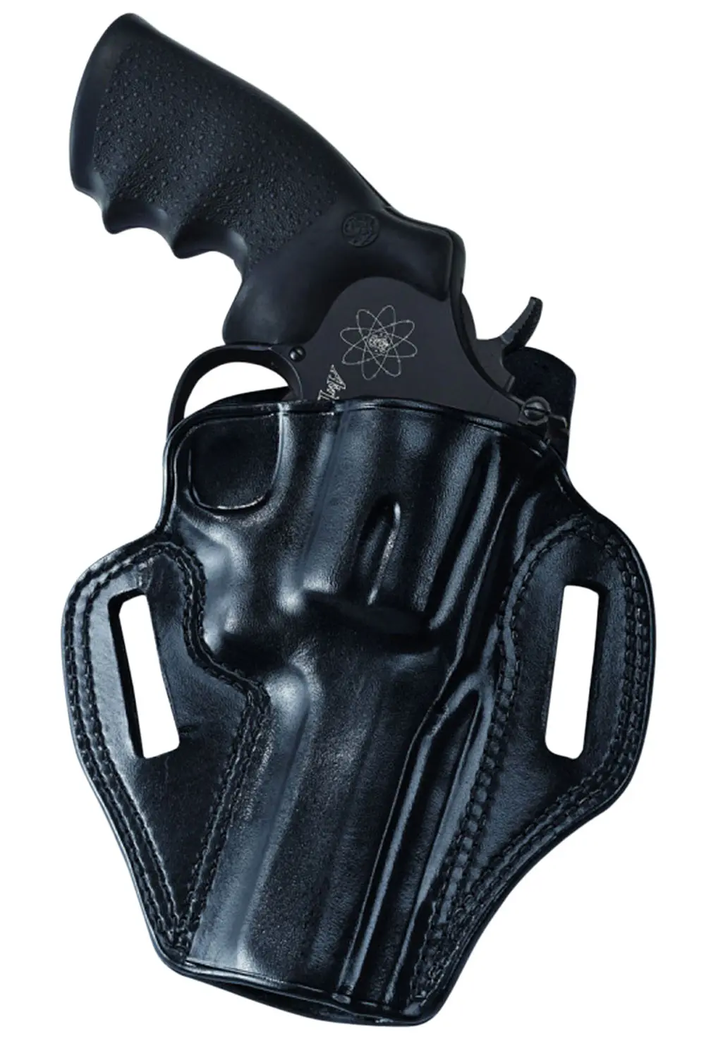 Holster with a black handgun in a leather holster for concealed carry.