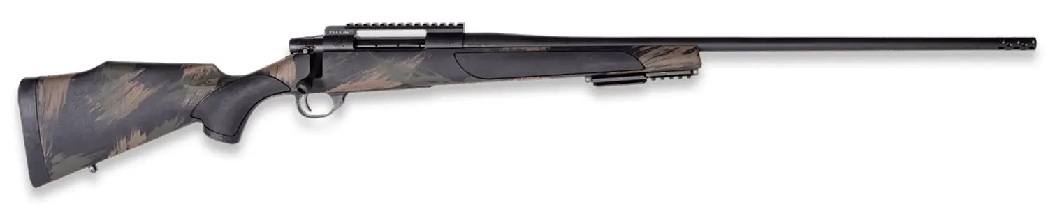 A bolt-action rifle with a sleek black finish and ergonomic stock, ideal for hunting and precision s.