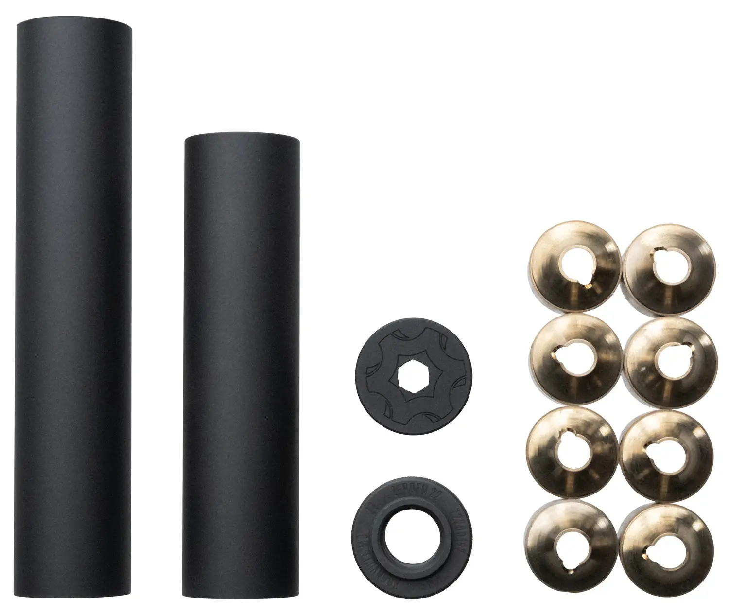 Suppressor parts kit with black tubes and metal baffles for firearm modification.