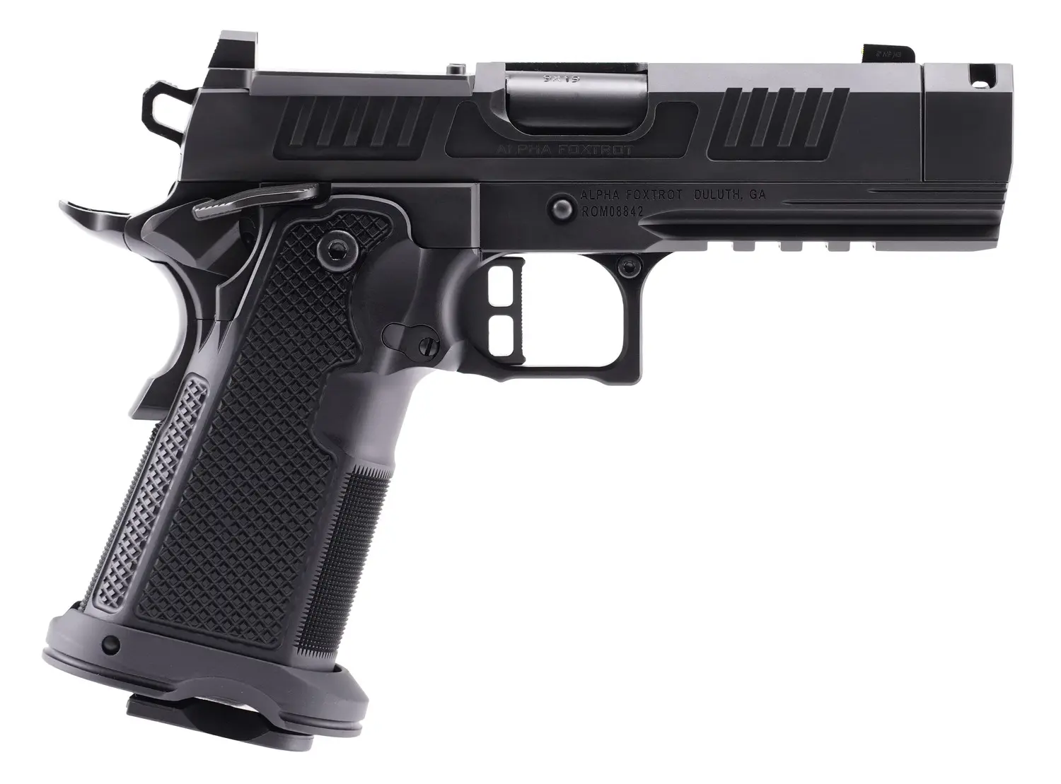 Alpha Foxtrot AA47X1QIG-XDBK19 AF1911 Romulus 9mm Luger 20+1 3.50" Black DLC Stainless Steel Threaded Compensated Barrel, Optic Ready/Serrated Slide & Frame w/Beavertail & Picatinny Rail, Aluminum Gri