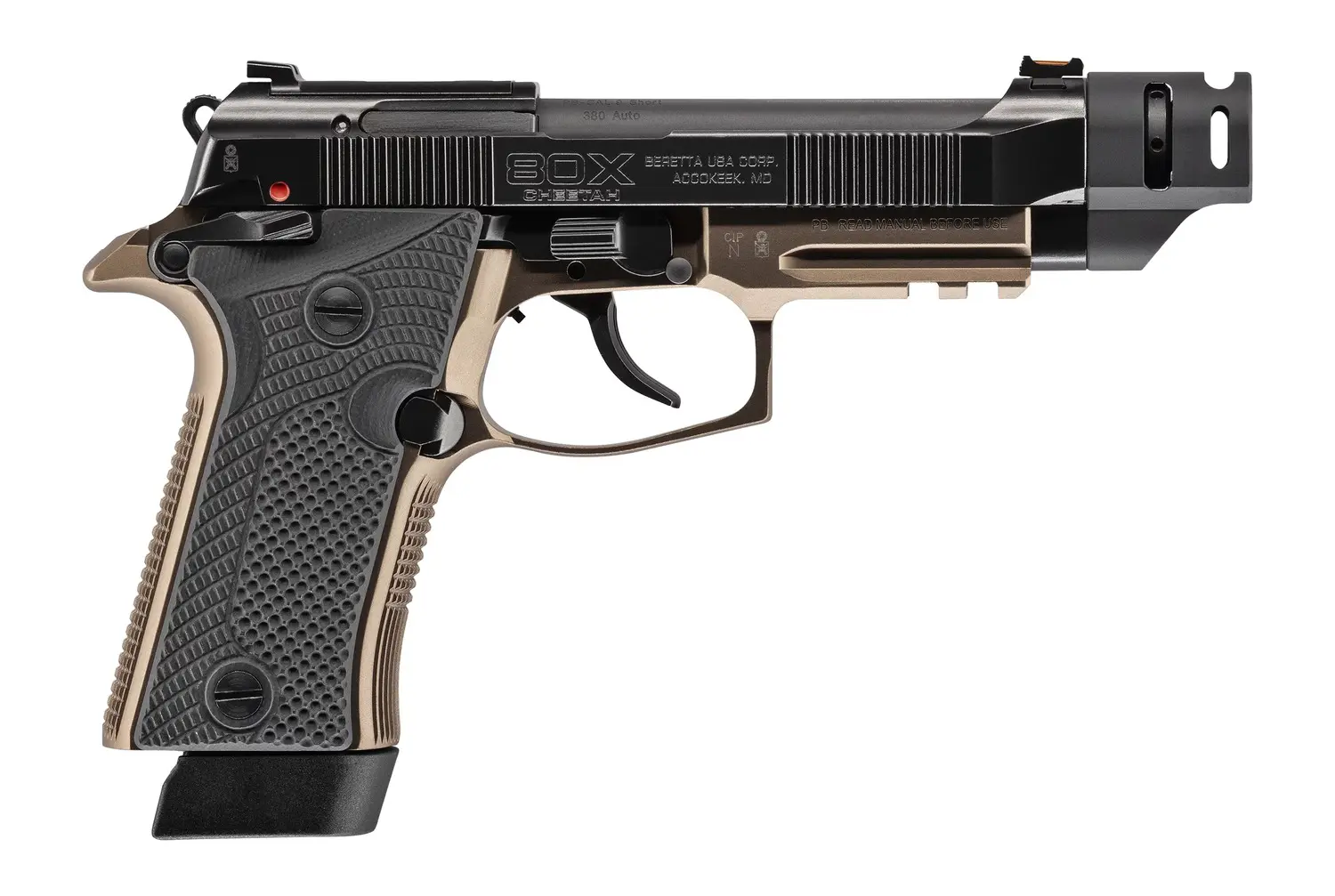 Modern tactical semi-automatic pistol with black and tan finish.
