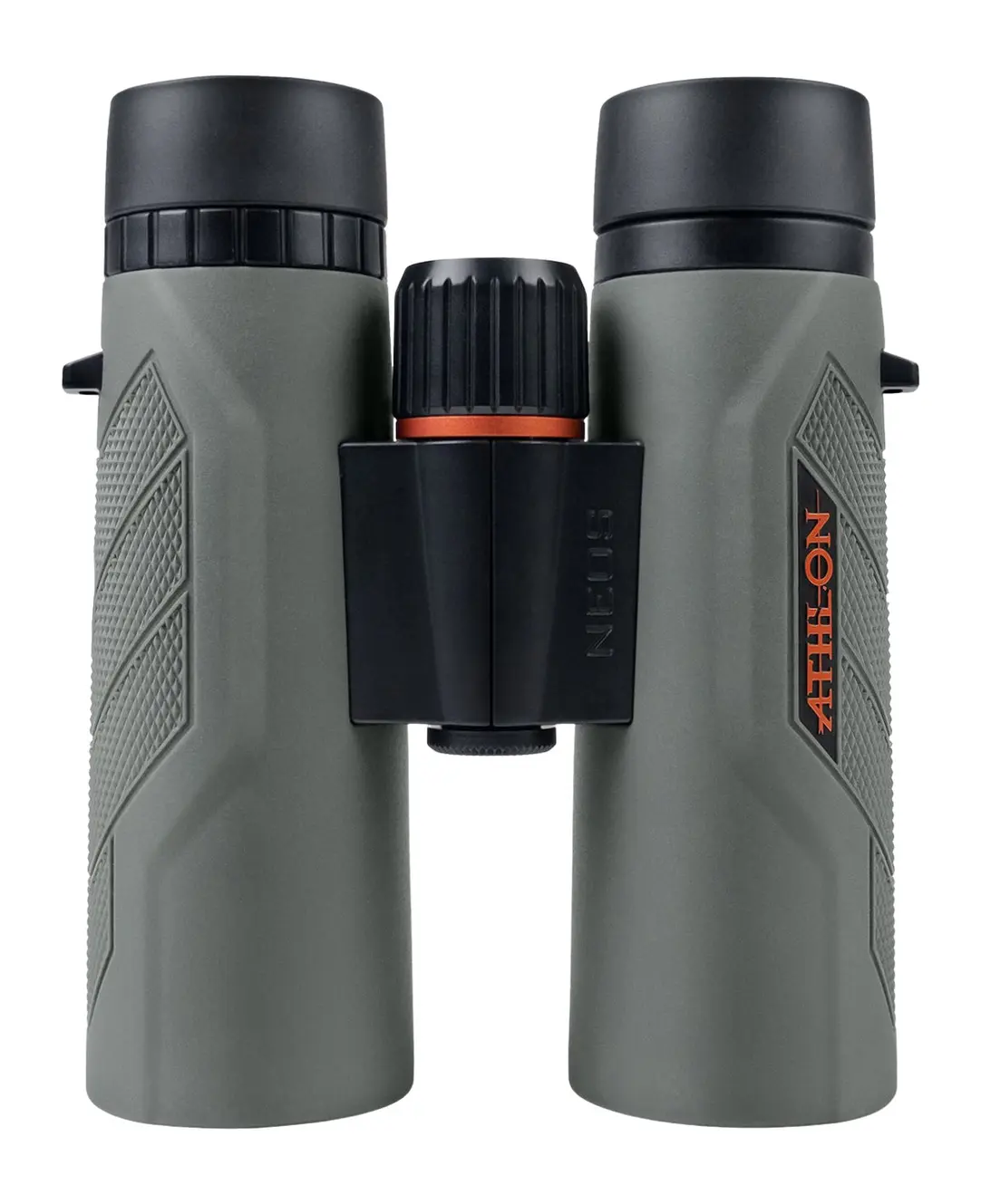 Compact green binoculars with black eyepieces and central focus wheel.
