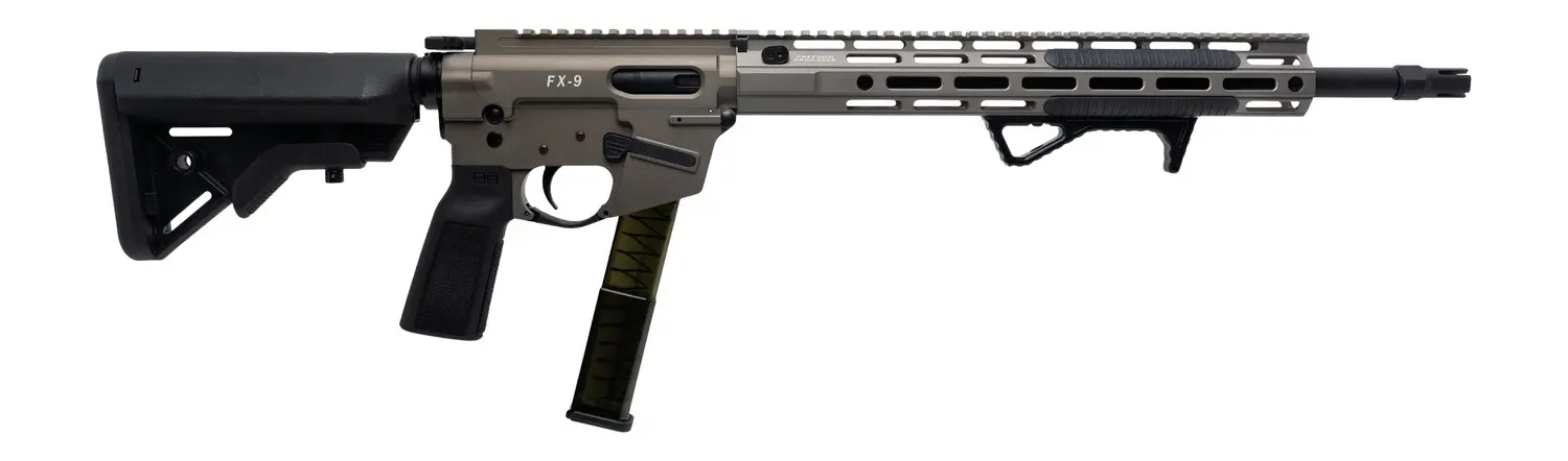 Tactical rifle with adjustable stock, ergonomic grip, and long barrel.