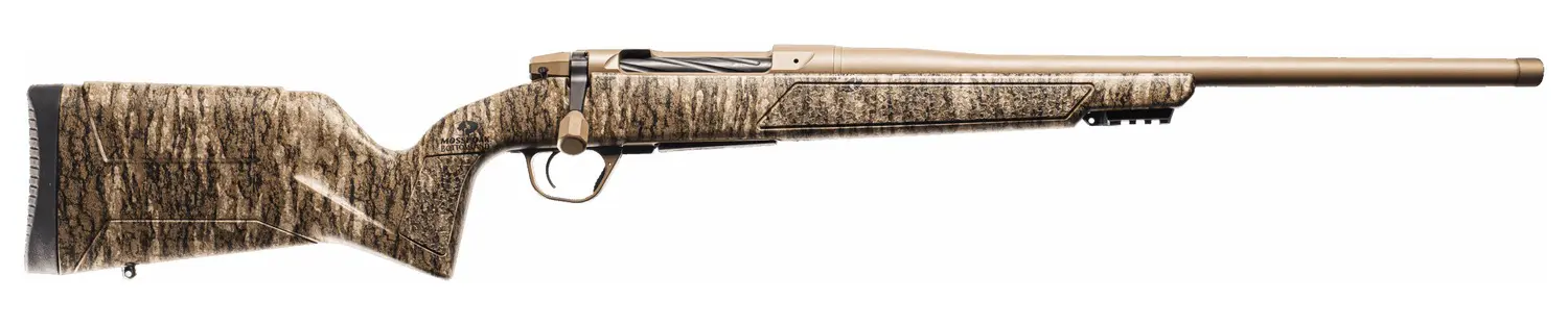 A high-quality hunting rifle with a camouflage stock and long barrel. Perfect for outdoor shooting a.