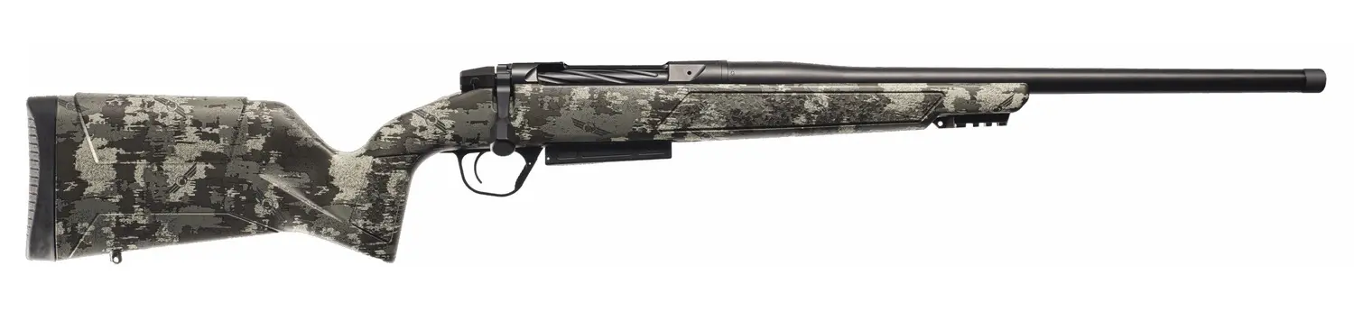 Modern camouflage hunting rifle with scope and synthetic stock.