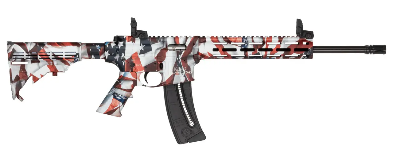 Firearm with American flag-inspired camouflage design, featuring a sleek black barrel and magazine.