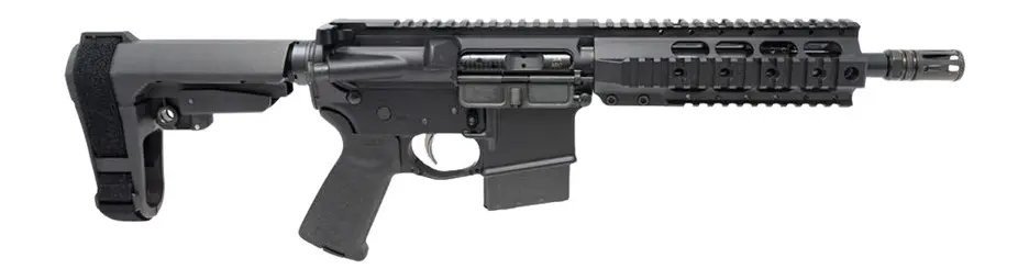 A tactical rifle featuring an adjustable stock, rail system, and modern design, suitable for profess.