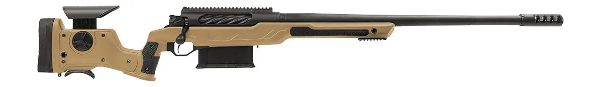 Cadex Inc CDXBMGQUA5029HI20I1J5N BMG Quake 50 BMG 3+1 29" Black DLC Match Grade Threaded Barrel, Black DLC Receiver w/Picatinny Rail, Adj Cheek Piece & LOP Hybrid Tan Polymer Stock