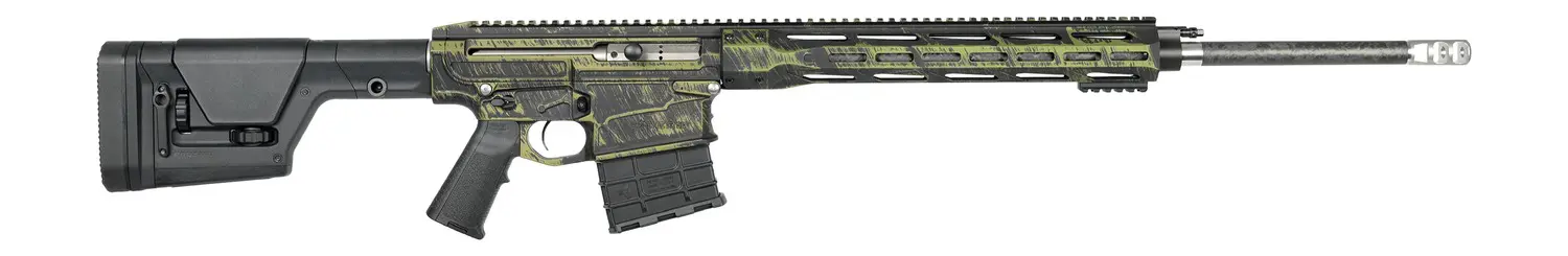 Rifle with camouflage finish and adjustable stock.