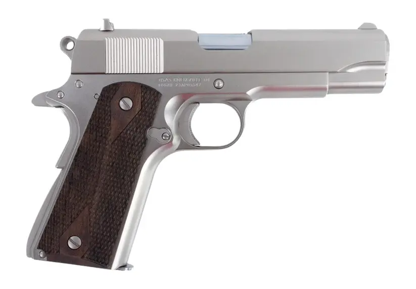 Silver Smith & Wesson 1911 semi-automatic pistol with wooden grip.