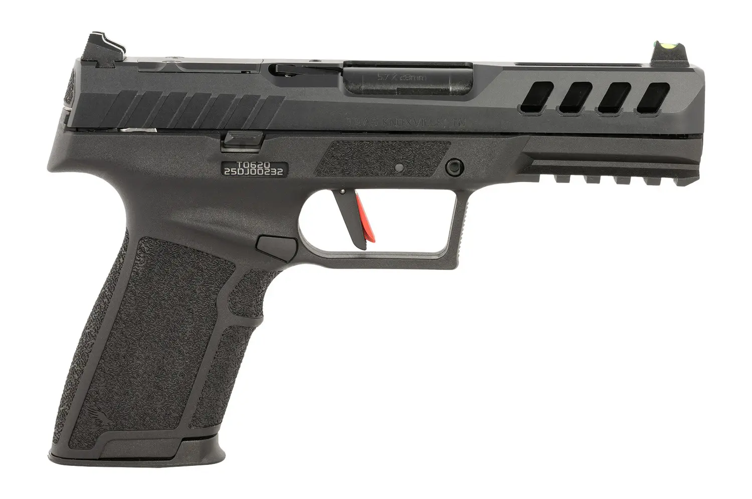 Pistol firearm with black finish, compact design, and textured grip, suitable for self-defense and s.