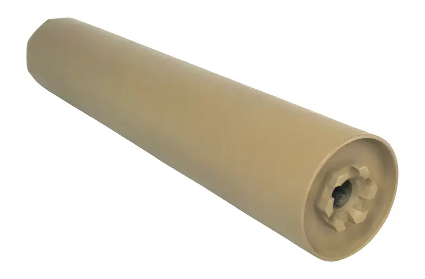 Suppressor silencer for guns, beige color, cylindrical shape.
