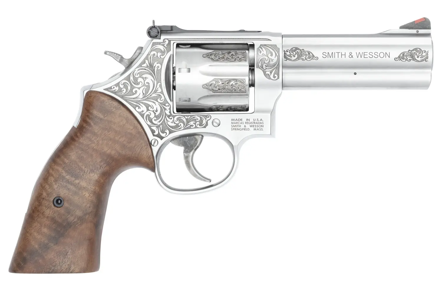 Smith & Wesson 14783 Model 686 + L-Frame Medium 357 Mag/38 Special +P 7 Shot 4.13" Stainless Steel Engraved Barrel, Cylinder & Frame, Tyler Gun Works Bear Hugger Walnut Grip, Exposed Hammer