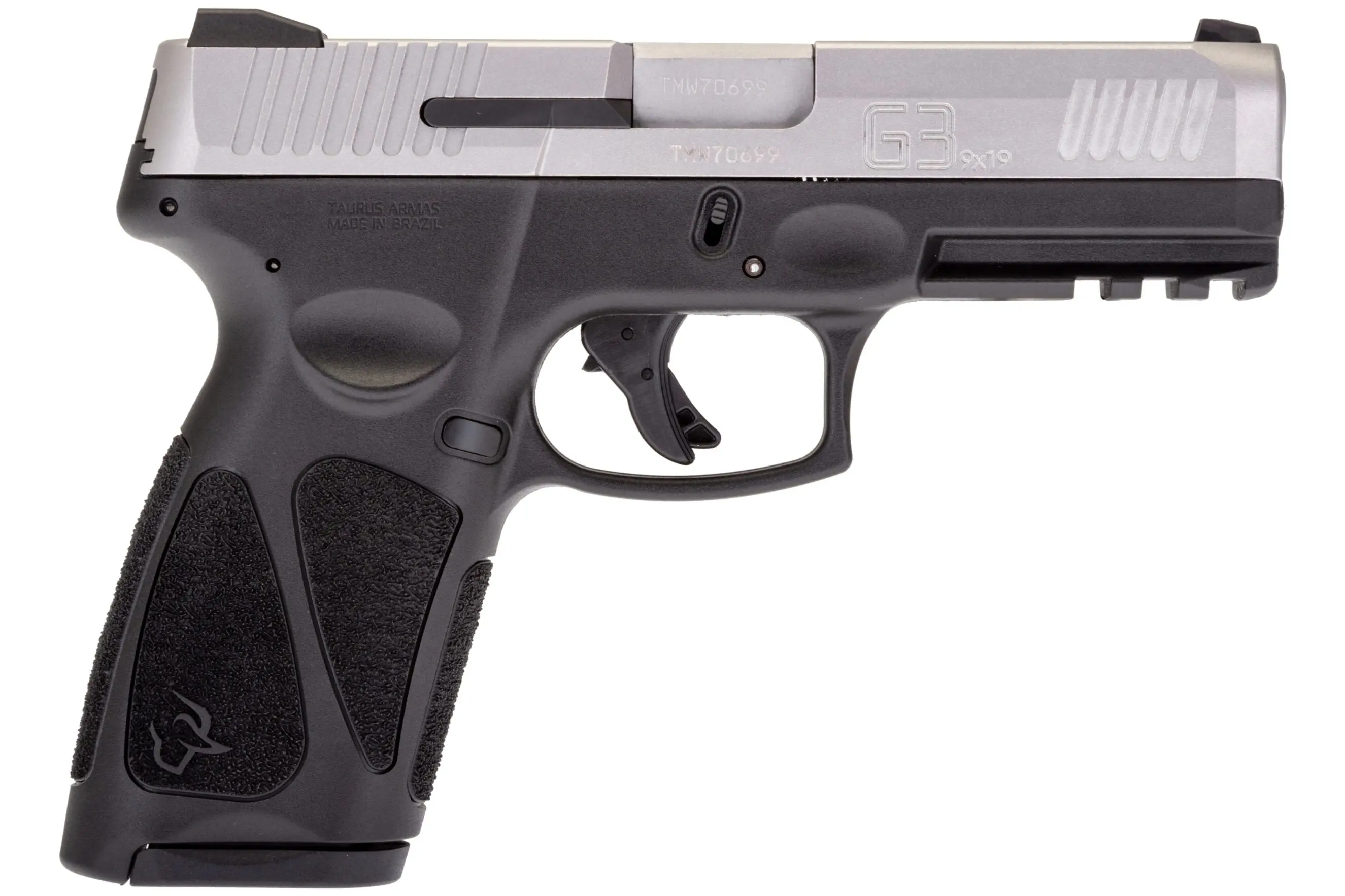 Close-up of a Glock 43X semi-automatic handgun with black grip and silver slide.