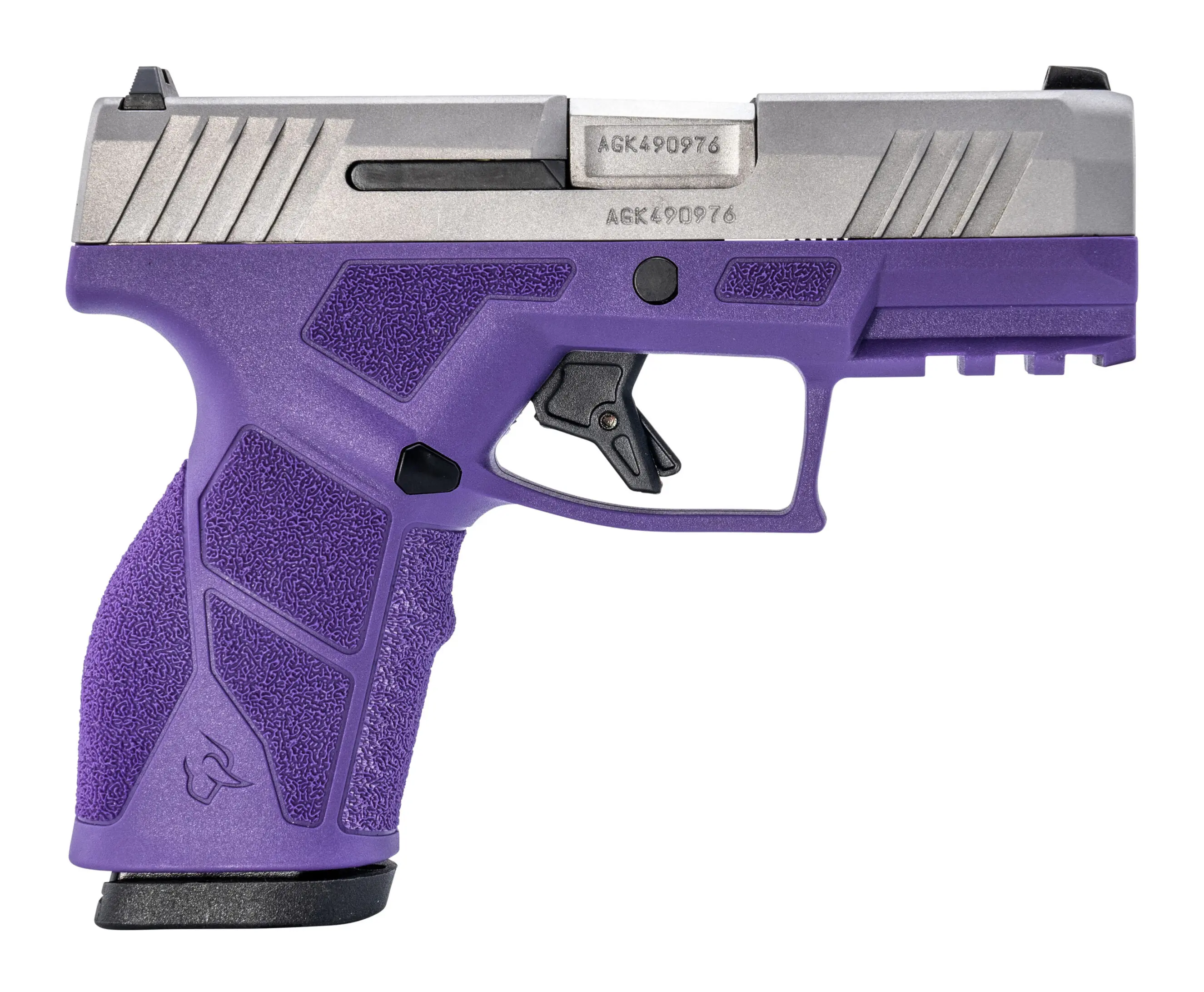 Purple and silver semi-automatic handgun.