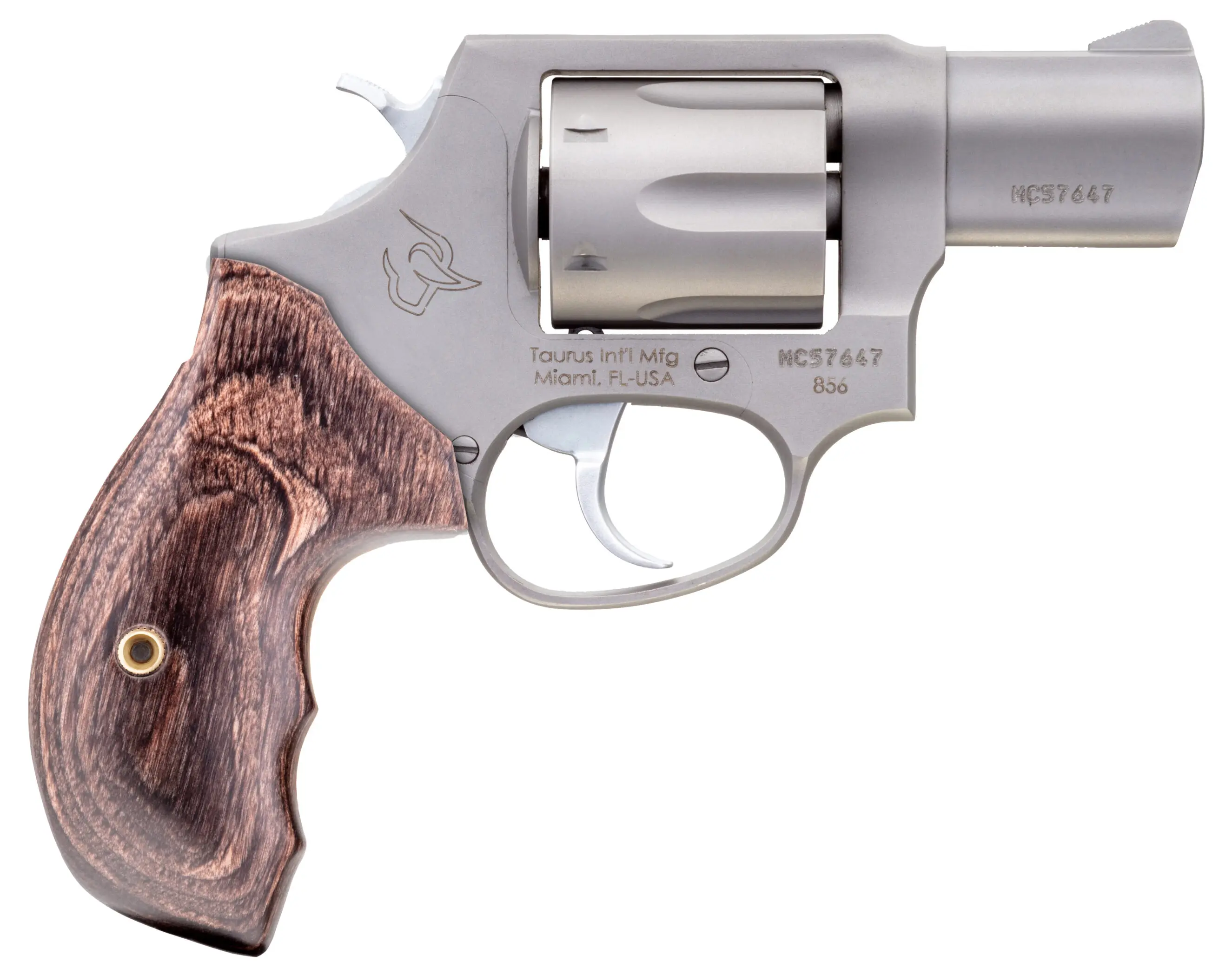 Revolver with wooden grip and silver finish, suitable for firearm enthusiasts and collectors.