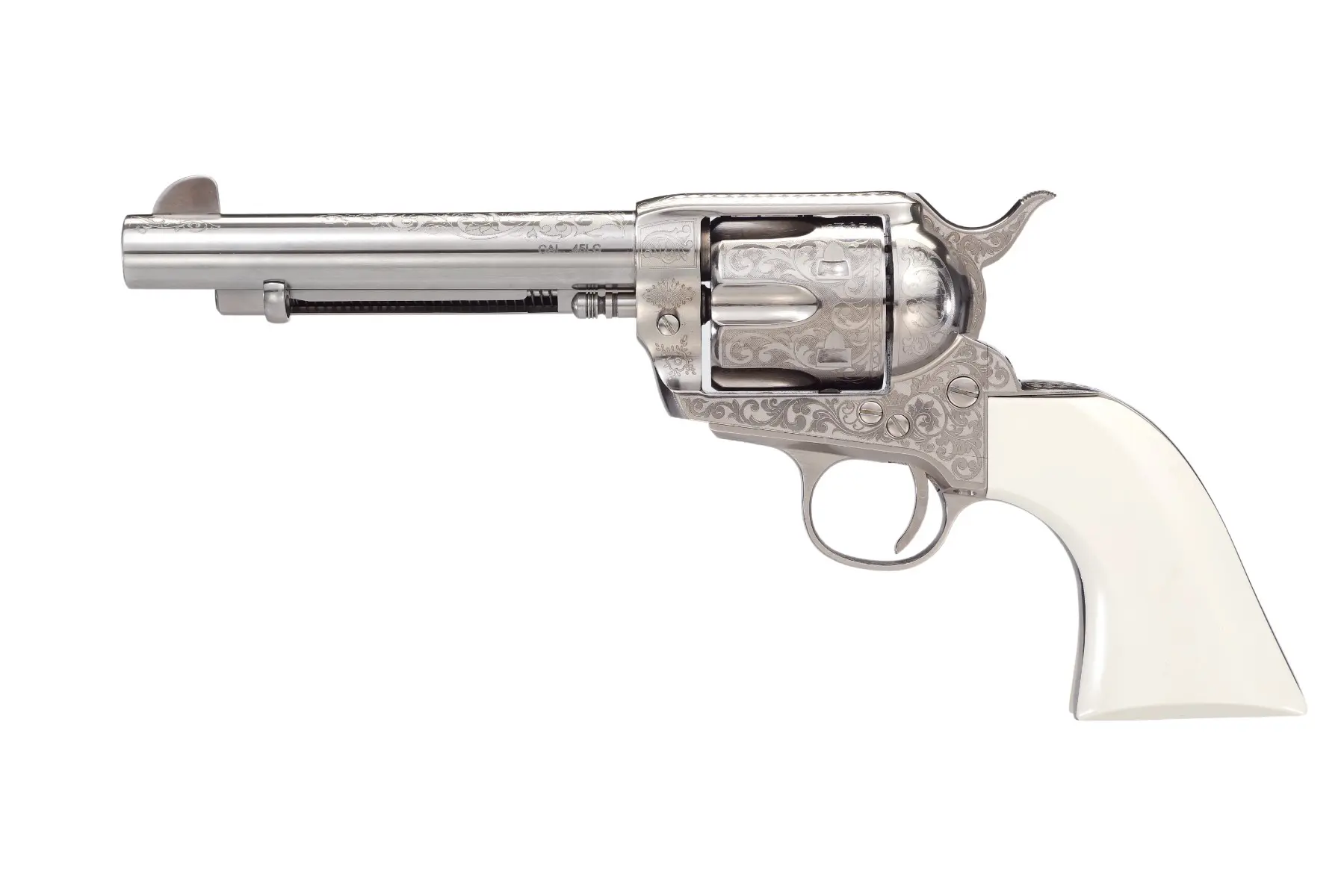 Engraved silver revolver with white grip for display or collection.