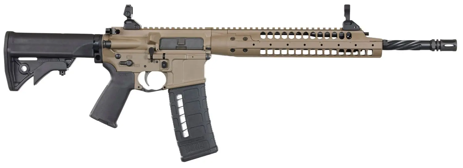 Desert tan tactical rifle with adjustable stock and rail system.