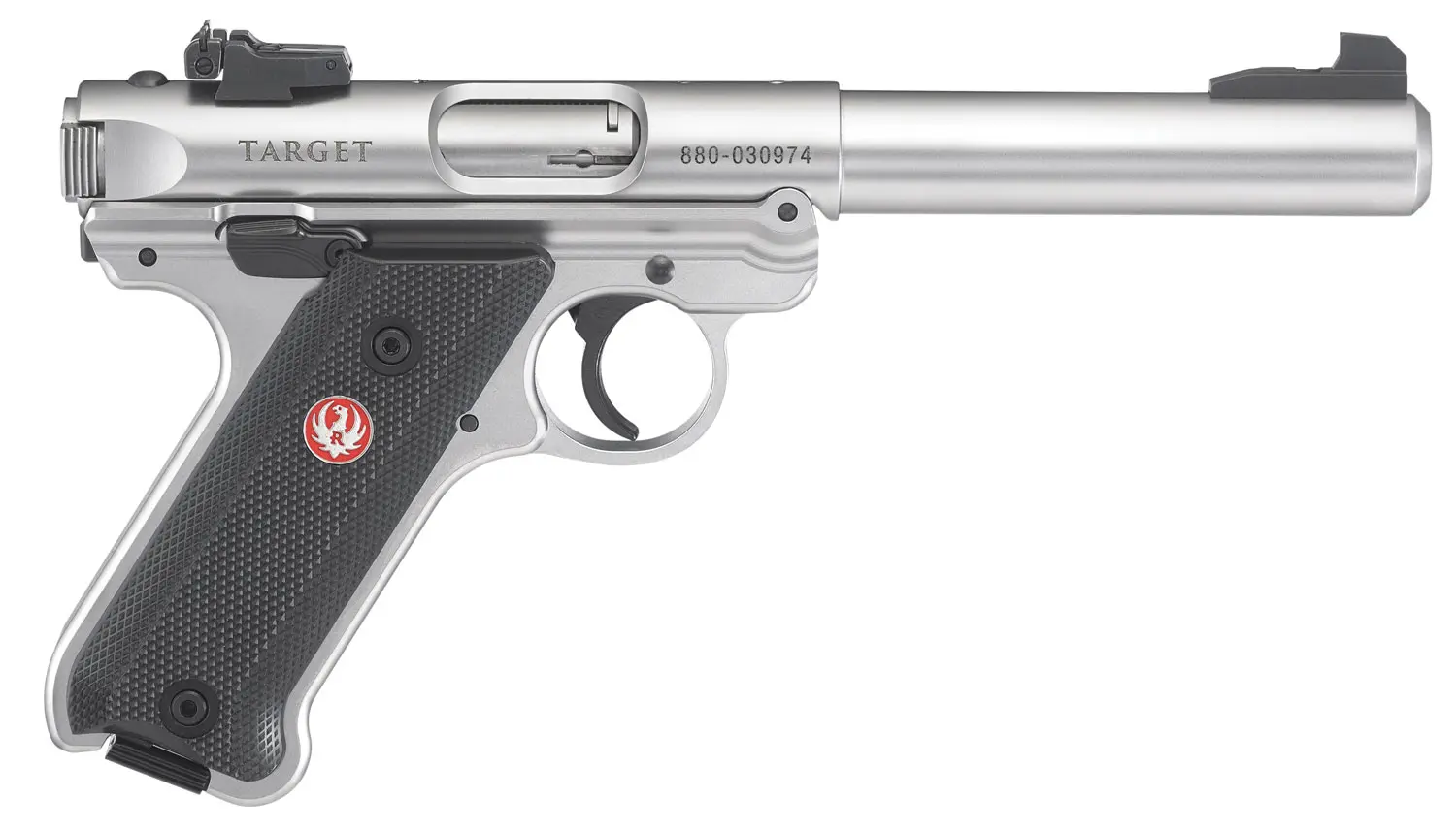 Target pistol with silver finish and black grip, designed for precision shooting.