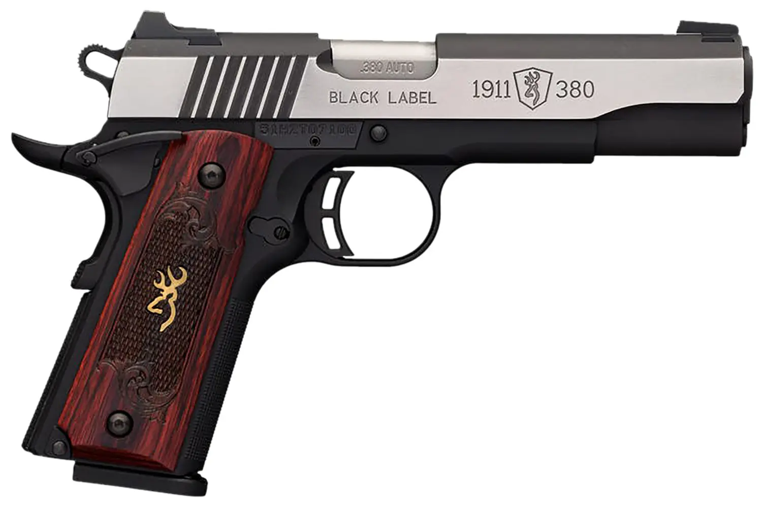 Browning 051914492 1911 Black Label Medallion Pro 380 ACP 8+1 4.25" Target Crown Barrel, Blackened w/Silver Polished Flats Serrated SS Slide, Matte Black Polymer Frame w/Beavertail