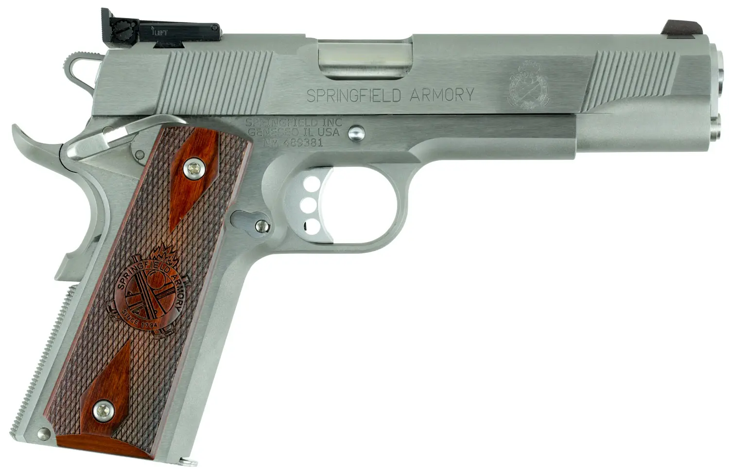 Springfield Armory PI9132LCA 1911 Loaded Target *CA Complaint 45 ACP 7+1, 5" Stainless Match Grade Stainless Barrel, Serrated Slide & Steel Frame w/Beavertail, Crossed Cannon Cocobolo Grip