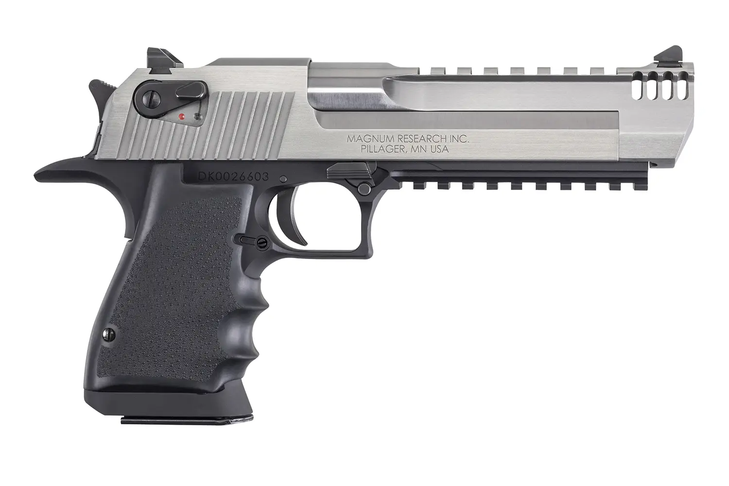 A semi-automatic pistol featuring a tactical rail, textured grip, and sleek design, suitable for fir.