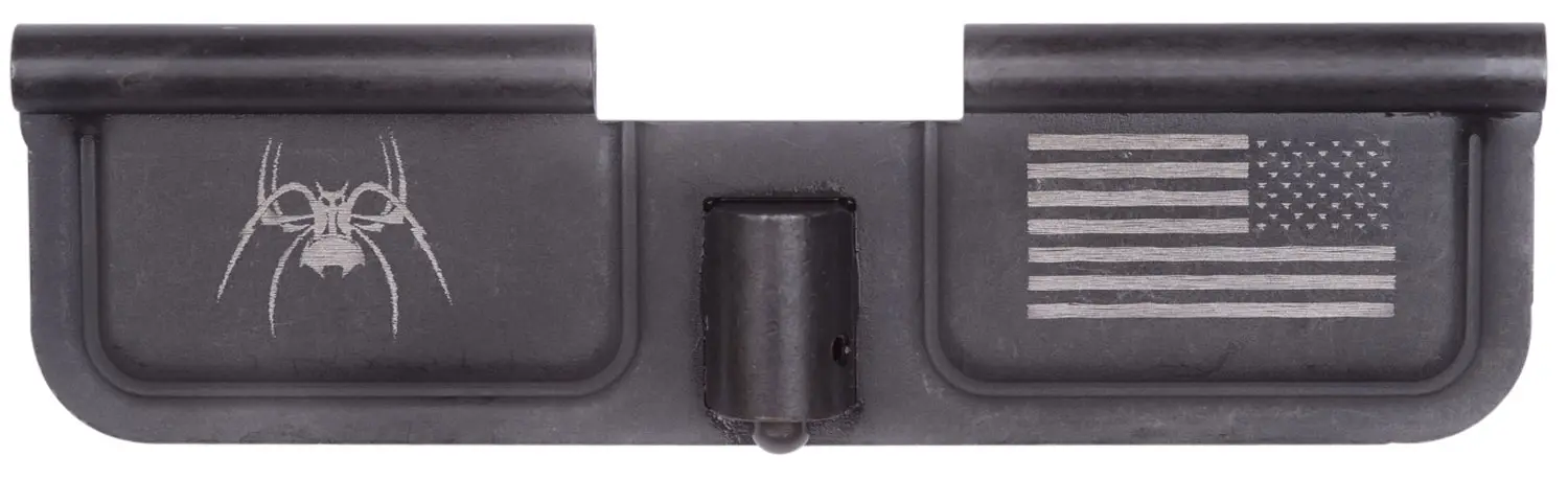 Gun accessory featuring American flag and spider logo design.