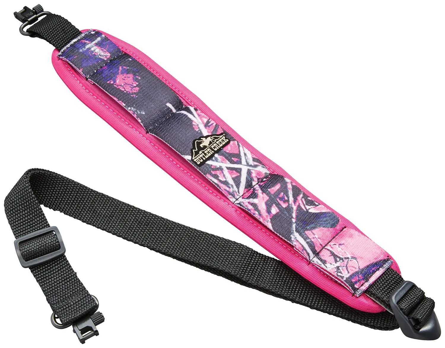 Pink camouflage gun sling strap for firearm carrying and support.