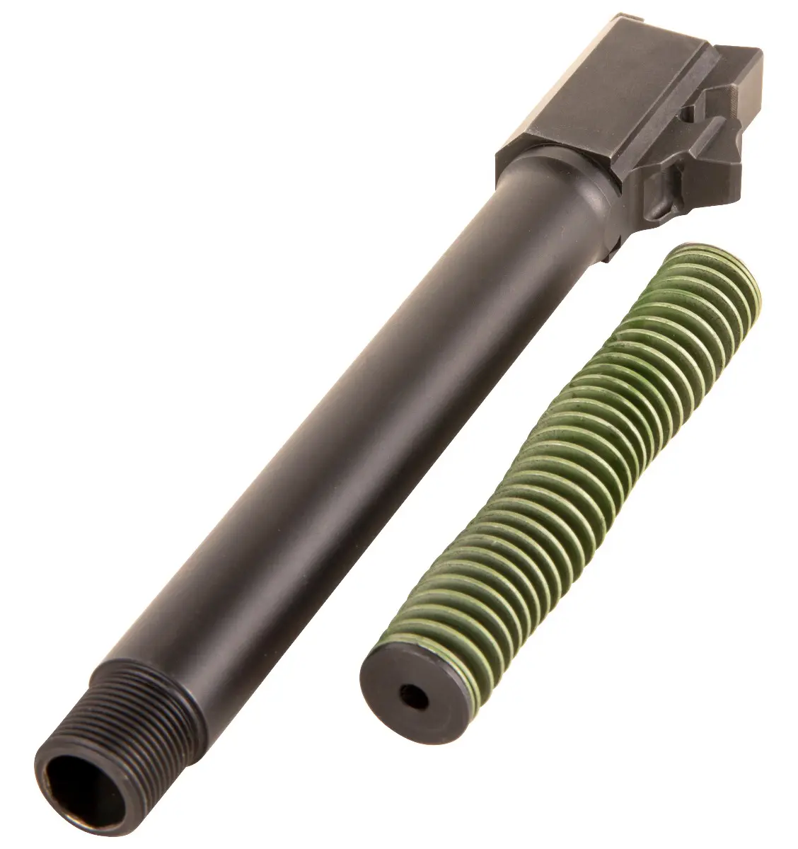Suppressor and flash hider for firearms, black and green components.