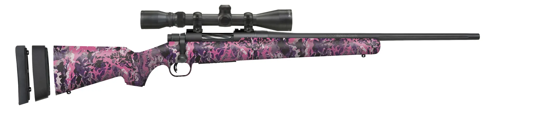 Rifle with pink camouflage stock and scope for hunting or target shooting.