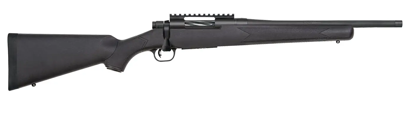 Rifle with scope and black synthetic stock, ideal for hunting and shooting sports.