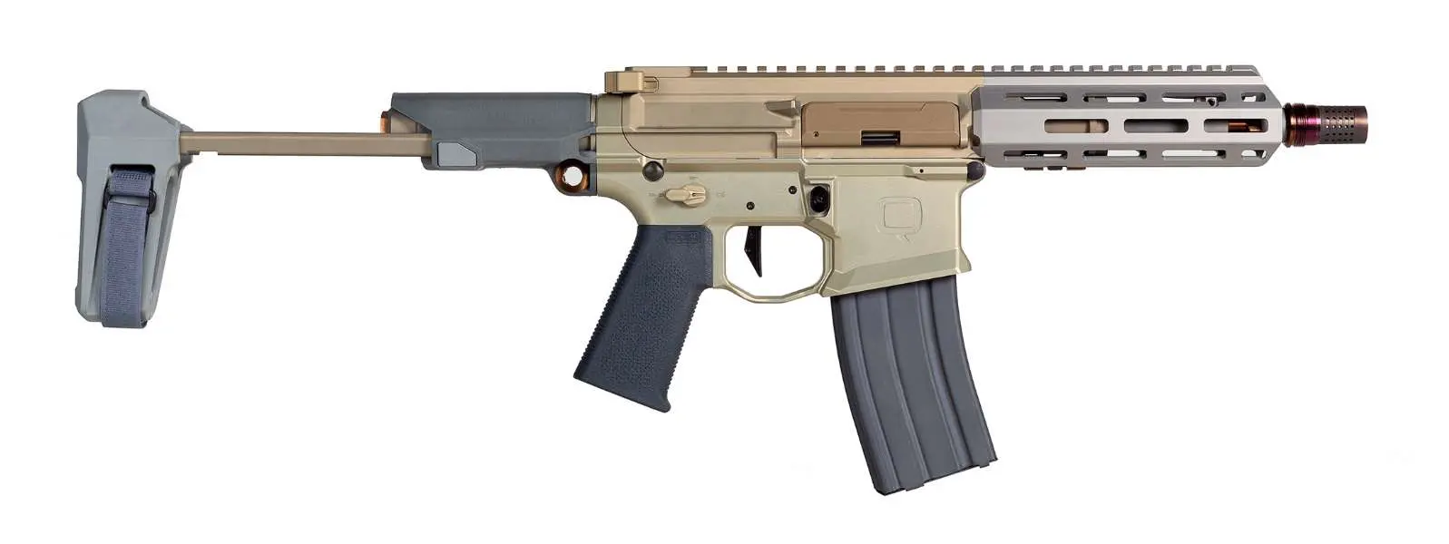 Adjustable tactical rifle with a tan and black finish, featuring a sleek design and ergonomic grip.