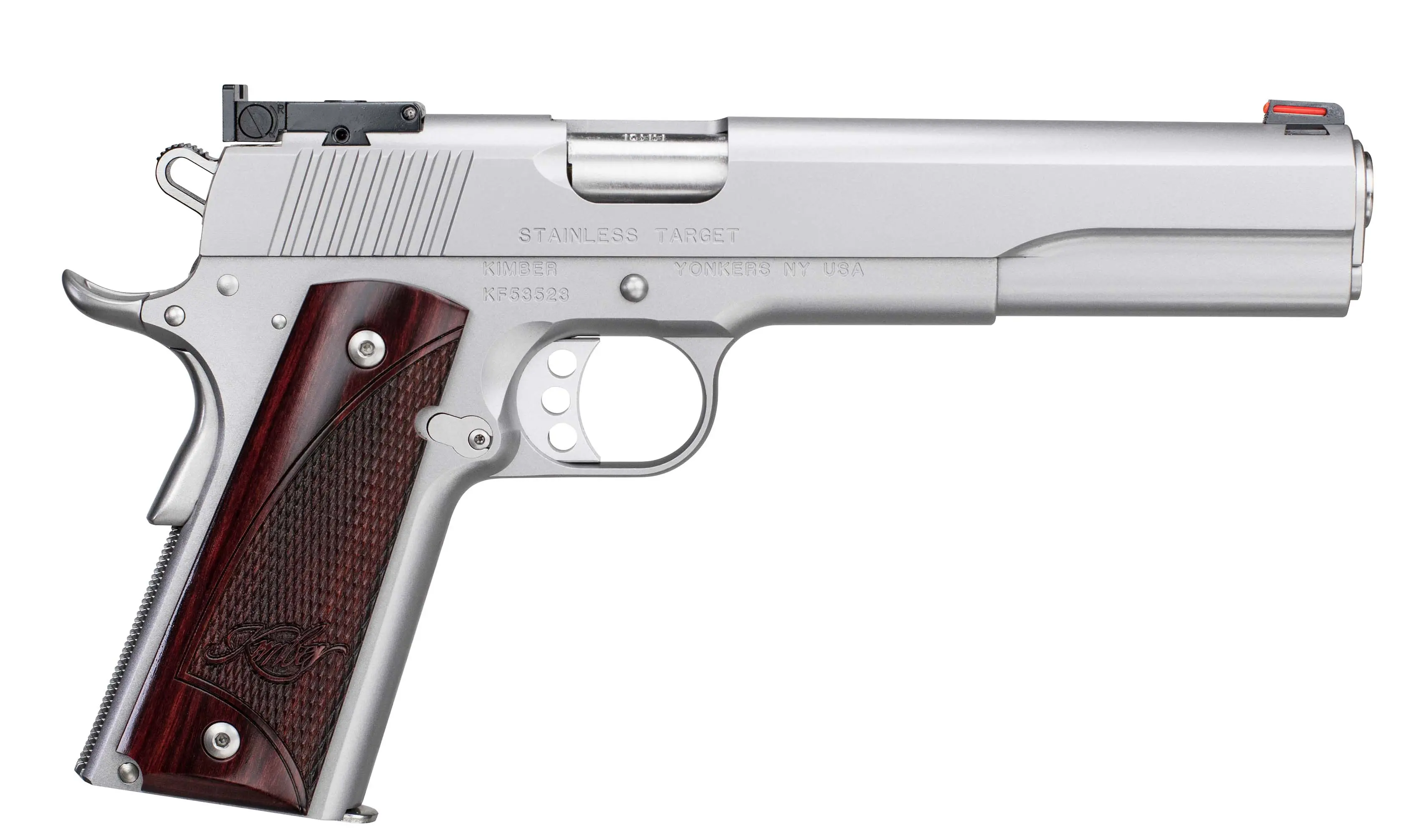 Silver and wood handgun for self-defense and shooting sports.