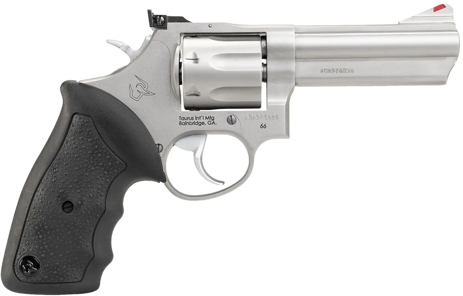 Taurus 2-660049 66 Medium 357 Mag/38 Special +P 7 Shot 4" Matte Stainless Steel Barrel, Cylinder & Frame, Black Finger Grooved Rubber Grip, Transfer Bar Safety, Exposed Hammer