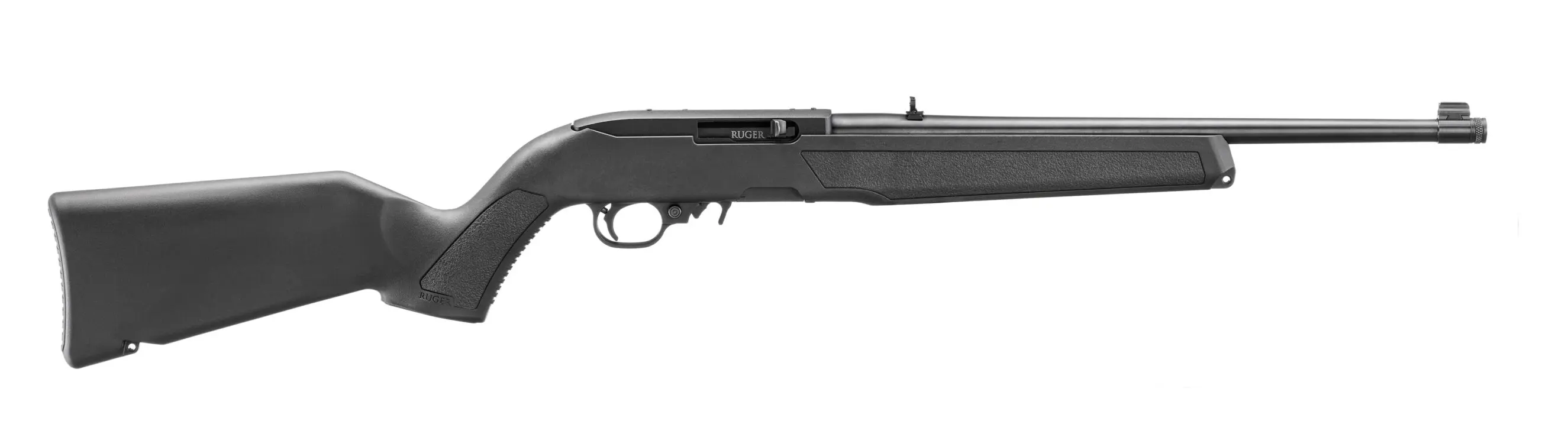 Rifle with black synthetic stock and long barrel for hunting or sport shooting.