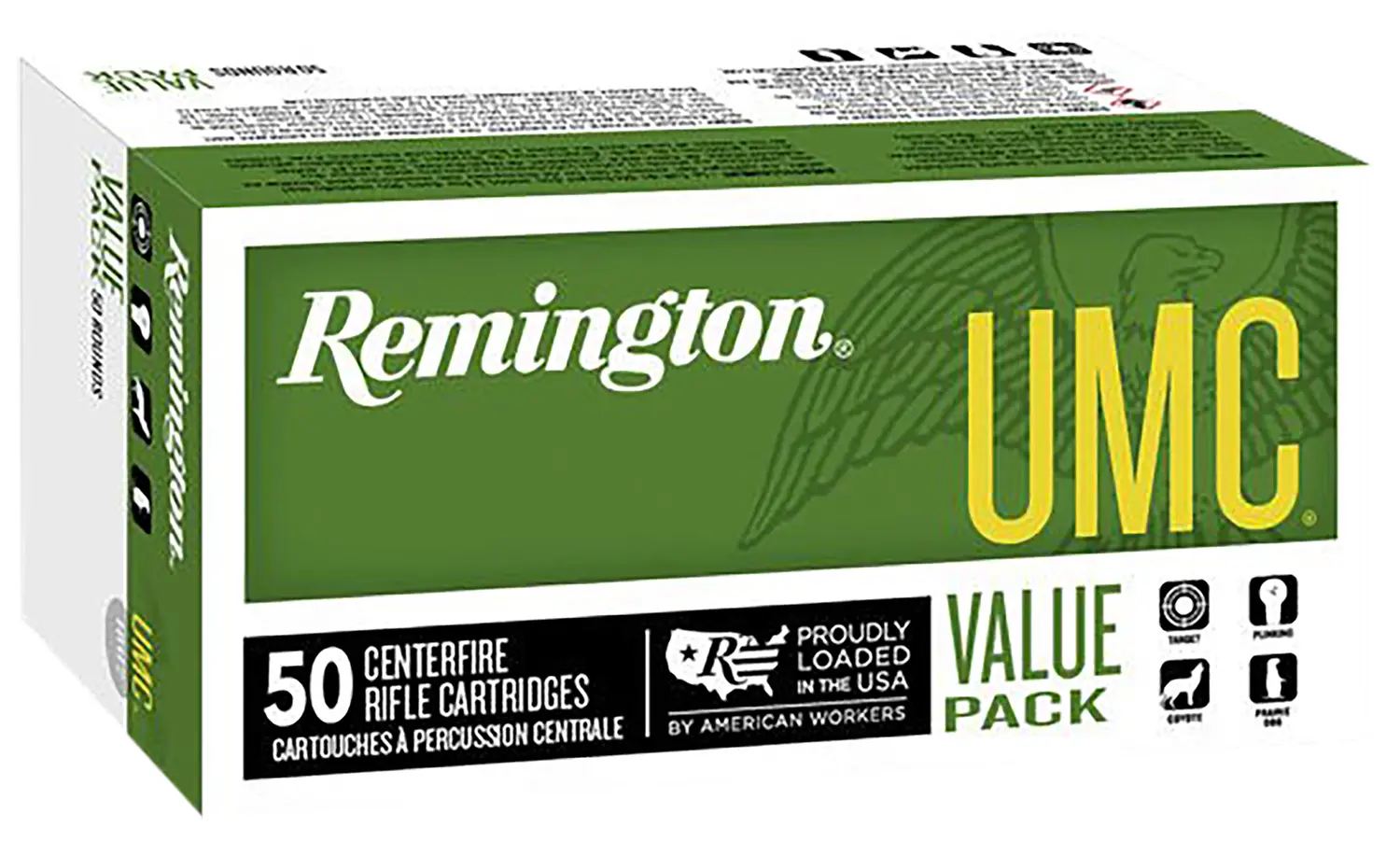 Remington UMC box of 50 centerfire rifle cartridges for hunting and shooting sports.