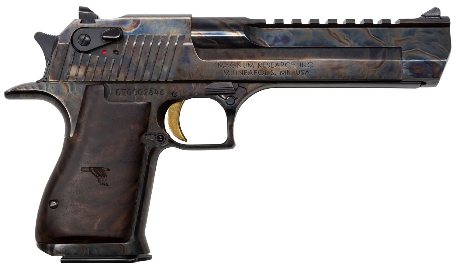 Magnum Research DE44CH Desert Eagle Mark XIX 44 Rem Mag 6" 8+1 Color Case Hardened Carbon Steel with Clear Cerakote Frame & Slide Walnut with Engraved Desert Eagle Logo Grip
