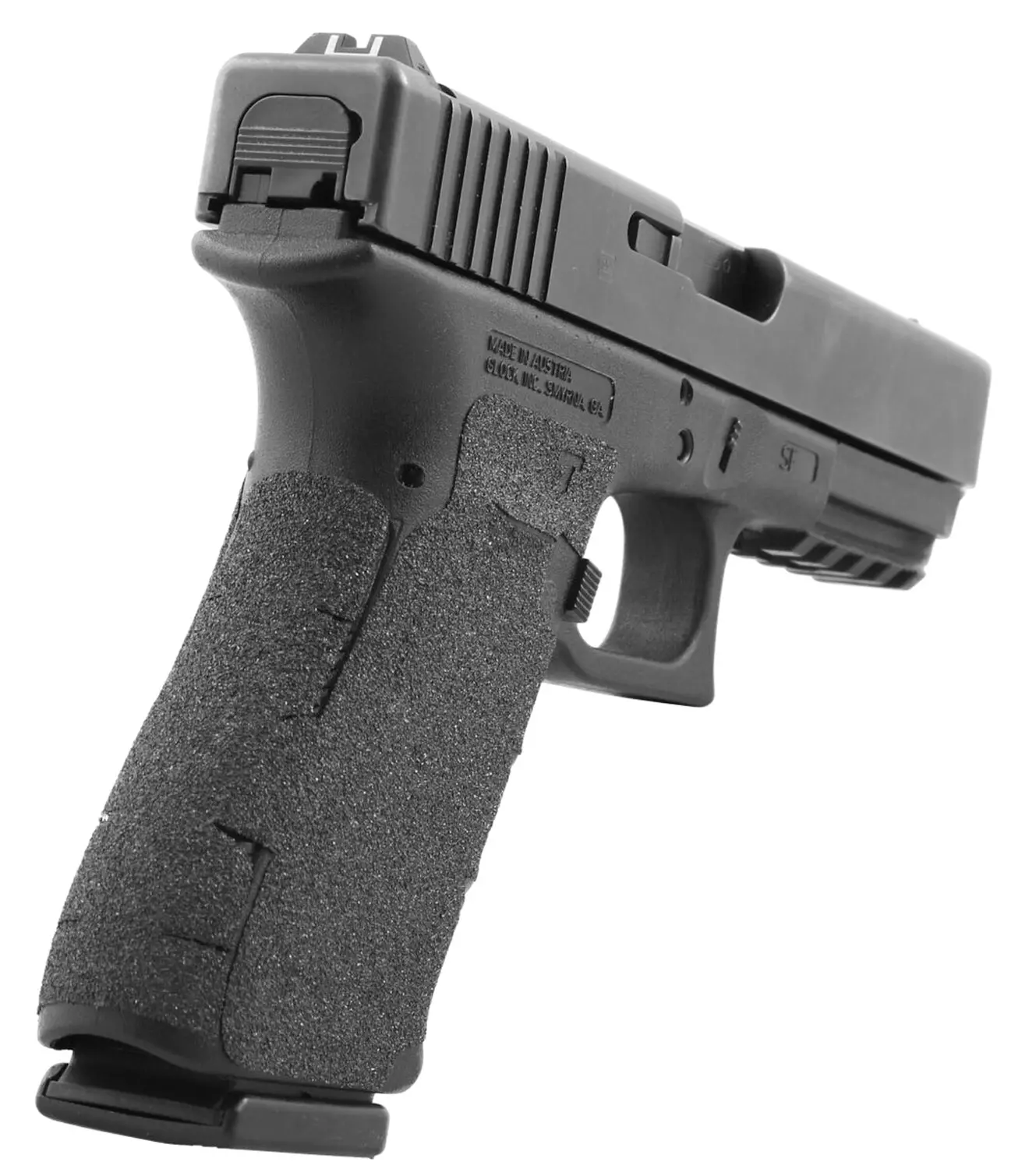Black semi-automatic pistol with textured grip and slide.