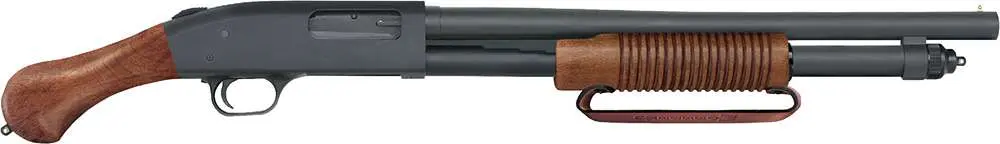 Pump action shotgun with wooden stock and grip, ideal for hunting and home defense.