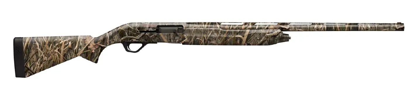 Camouflage-patterned shotgun for hunting and sport shooting.