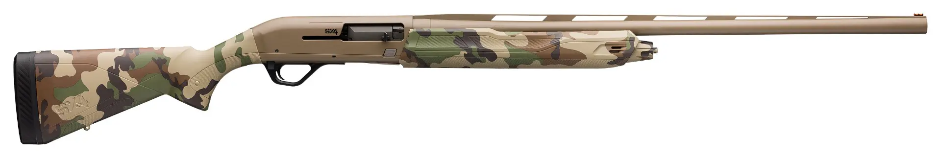 Camo-patterned rifle with scope and synthetic stock.