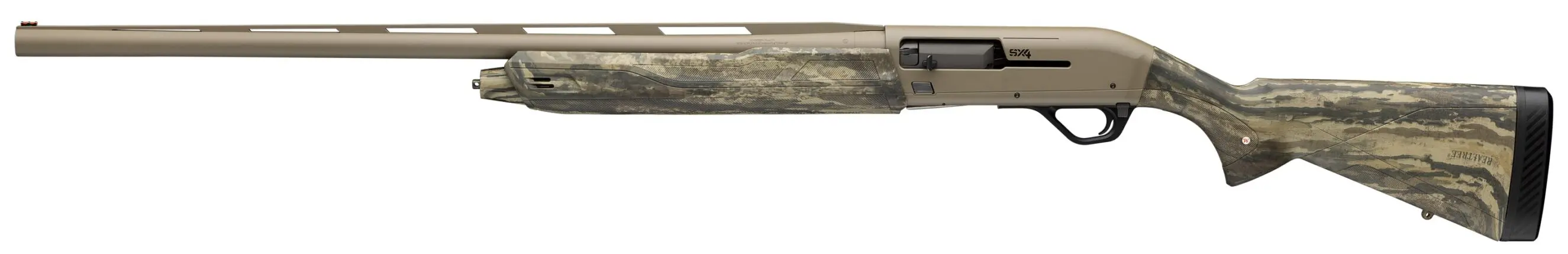 Bolt-action rifle with camouflage stock and long barrel.