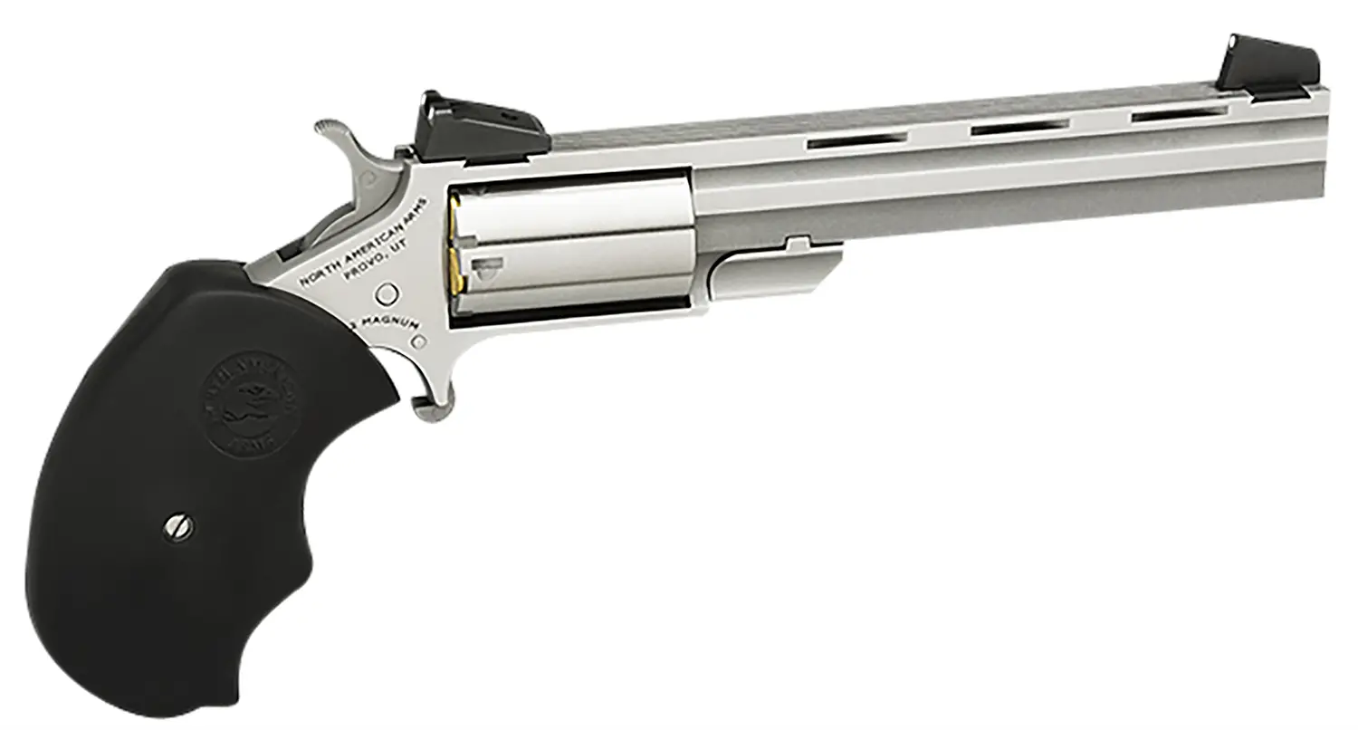 North American Arms MMTL Mini-Master *CA Compliant 22 LR 5 Shot 4" Stainless Steel Vent Rib Barrel, Stainless Steel Frame, Stainless Cylinder, Black Finger Grooved Rubber Grip, Exposed Hammer