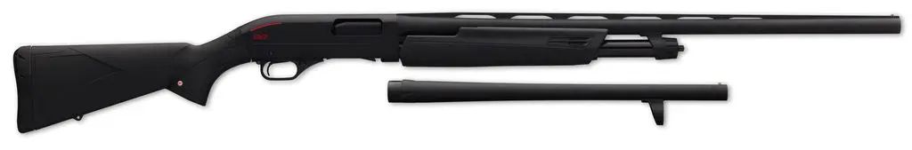 A sleek black shotgun with a tactical design, ideal for hunting, sport shooting, and firearm enthusi.