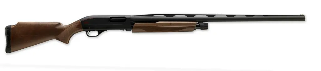 Shotgun with wooden stock and black barrel, ideal for hunting and sport shooting.