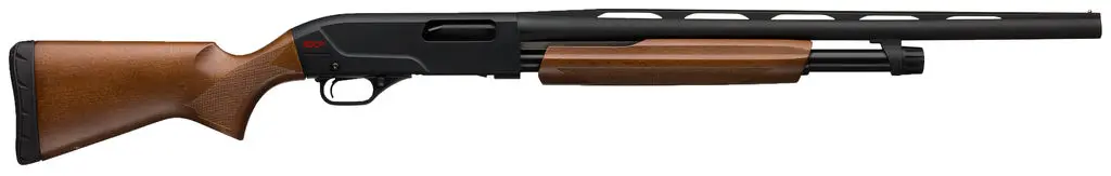 Rifle with wooden stock and black barrel, suitable for hunting and shooting sports.