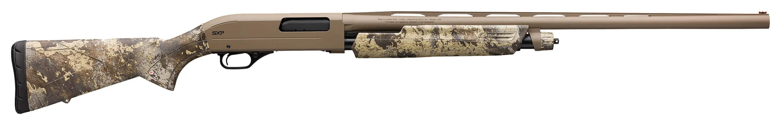 Tactical rifle with camouflage stock and long barrel for precision shooting.