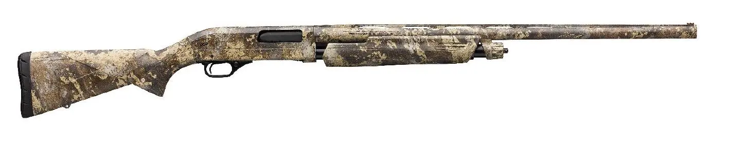 Rifle with camouflage pattern and wooden stock for hunting or sport shooting.