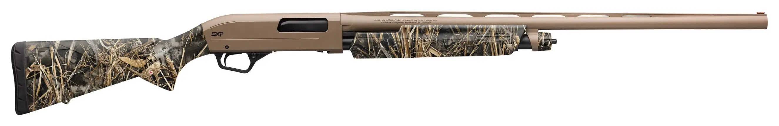 Modern hunting rifle with camouflage stock and long barrel for precision shooting.