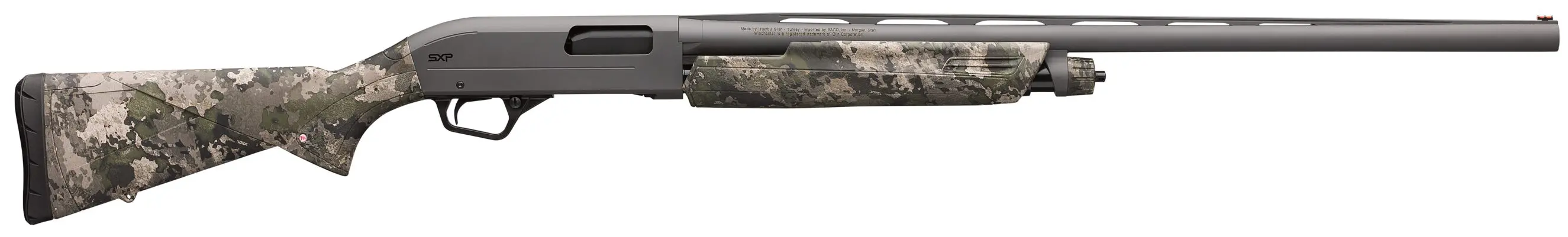 High-quality hunting rifle with camouflage stock and scope for outdoor shooting.